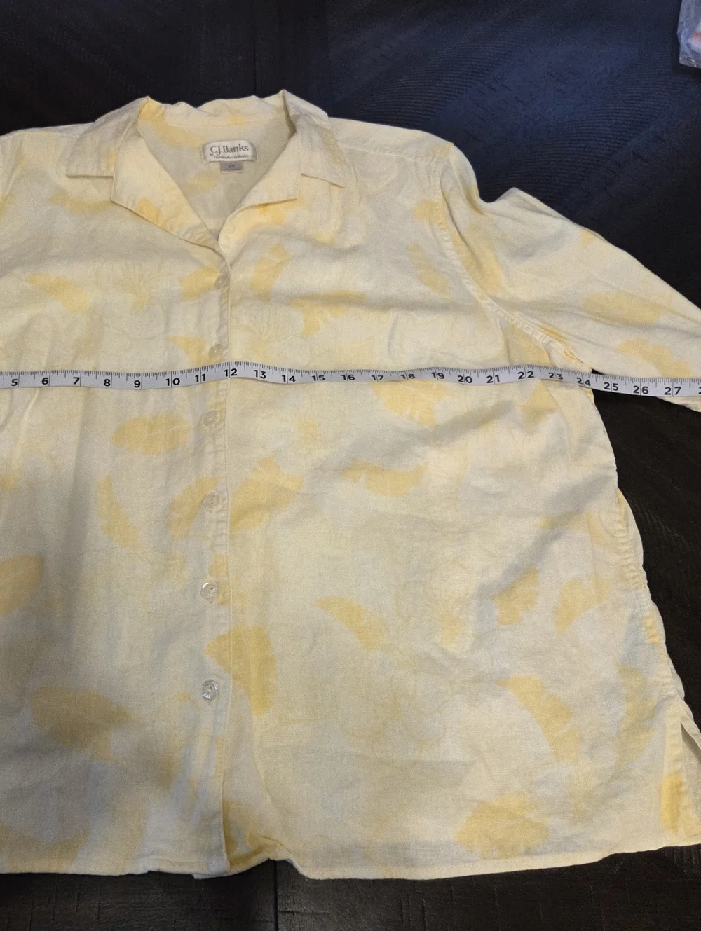 CJ Banks Plus Size 2X Yellow White Tropical Floral Linen Rayon Shirt Cottagecore